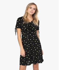 GEMO Robe femme fleurie à buste froncé et liens aux manches Noir