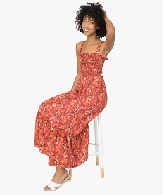 GEMO Robe femme longue avec buste smocké et bretelles croisées Imprimé