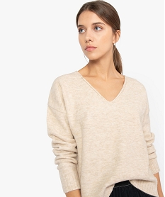 pull femme a col v et coupe ample beige pullsA495501_2
