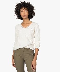 GEMO Pull femme en grosse maille à col V en dentelle Beige