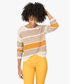 GEMO Pull femme en maille fantaisie avec rayures et paillettes Beige