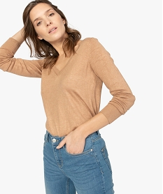 pull femme en maille fine avec col en v orangeA497101_1