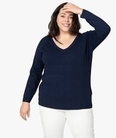 GEMO Pull femme en maille fine avec col v pailleté bleu chine
