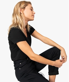 GEMO Tee-shirt femme avec col V contenant du coton bio Noir