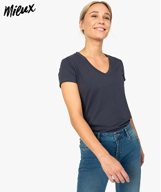 GEMO Tee-shirt femme avec col V contenant du coton bio Bleu