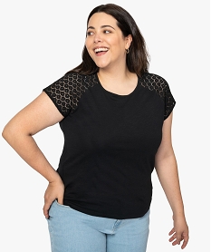 GEMO Tee-shirt femme grande taille avec dentelle et contenant du coton bio Noir