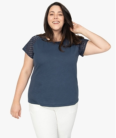 GEMO Tee-shirt femme grande taille avec dentelle et contenant du coton bio Bleu