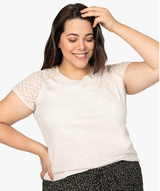 GEMO Tee-shirt femme grande taille avec dentelle et contenant du coton bio Beige