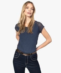 GEMO Tee-shirt femme à manches dentelle contenant du coton bio Bleu