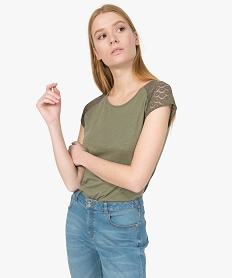 GEMO Tee-shirt femme à manches dentelle contenant du coton bio Vert
