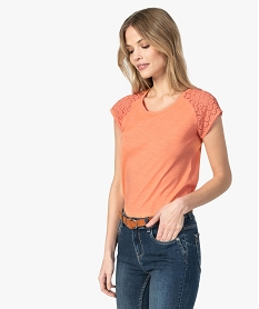 GEMO Tee-shirt femme à manches dentelle contenant du coton bio Orange