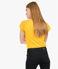 tee-shirt femme a manches dentelle contenant du coton bio jauneA502301_3