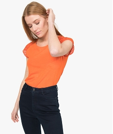 GEMO Tee-shirt femme à manches dentelle contenant du coton bio Orange