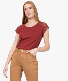 GEMO Tee-shirt femme à manches dentelle contenant du coton bio Brun