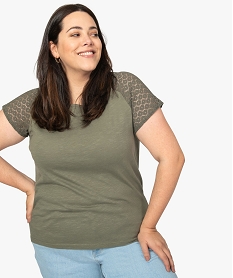 GEMO Tee-shirt femme grande taille avec dentelle et contenant du coton bio Vert