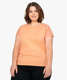GEMO Tee-shirt femme grande taille avec dentelle et contenant du coton bio Orange