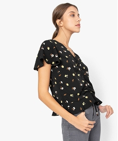 GEMO Tee-shirt femme à motifs fleuris et manches à volants Noir