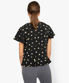 tee-shirt femme a motifs fleuris et manches a volants noirA503701_3