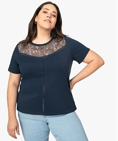 GEMO Tee-shirt femme à manches courtes avec décolleté en dentelle Bleu