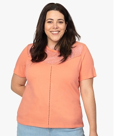 GEMO Tee-shirt femme à manches courtes avec décolleté en dentelle Orange