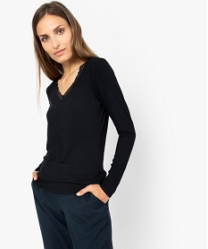tee-shirt femme en maille cotelee avec col en dentelle noirA517301_1