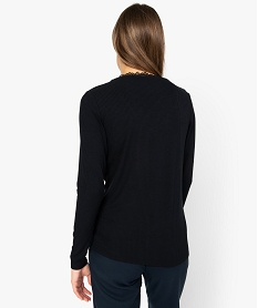 tee-shirt femme en maille cotelee avec col en dentelle noirA517301_3