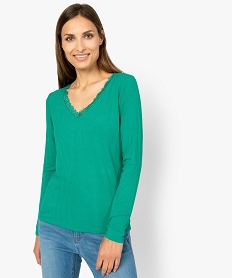 GEMO Tee-shirt femme en maille côtelée avec col en dentelle Vert