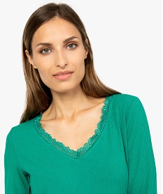 tee-shirt femme en maille cotelee avec col en dentelle vertA517401_2