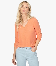 GEMO Tee-shirt femme extra doux à col V pailleté Orange