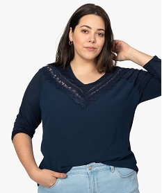 GEMO Tee-shirt femme bi-matières avec décolleté en dentelle Bleu