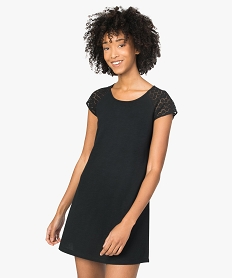 GEMO Robe femme avec manches en dentelle contenant du coton bio Noir