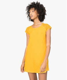 GEMO Robe femme avec manches en dentelle contenant du coton bio Jaune