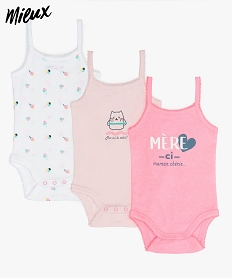 GEMO Body bébé fille à fines bretelles finition picots en coton bio (lot de 3) Multicolore