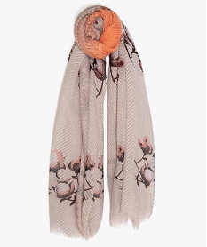 foulard femme en maille gaufree motifs fleuris et paillettes beigeA598501_1