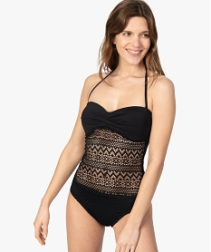 GEMO Maillot de bain femme une pièce avec devant en dentelle kaki vif