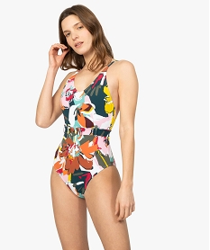 GEMO Maillot de bain femme une pièce multicolore avec ceinture jaune chine