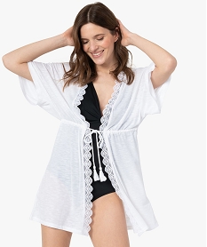 kimono de plage femme avec lisere en dentelle blancA641601_1