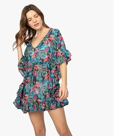 GEMO Robe de plage femme fleurie à liseré pailleté et volants Imprimé