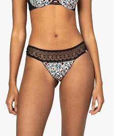 GEMO Slip tanga femme en microfibre imprimé et dentelle Imprimé