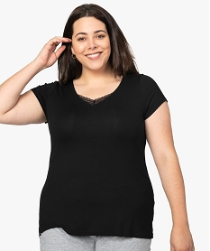 GEMO Tee-shirt de nuit femme grande taille avec col V bordé de dentelle Noir