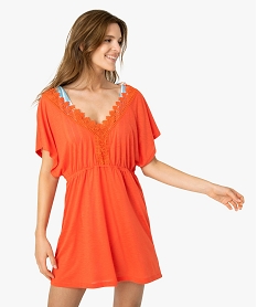 GEMO Robe de plage femme avec col V et broderies Rouge