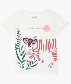 GEMO Tee-shirt fille imprimé à manches courtes contenant du coton bio blanc chine