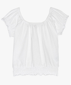 GEMO Tee-shirt fille à manches courtes avec finitions smockées blanc vif