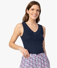 haut de pyjama femme en maille cotelee avec col v en dentelle bleu hauts de pyjamaA749701_1