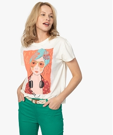 GEMO Tee-shirt femme coupe large avec imprimé Beige