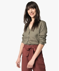 GEMO Chemise femme en lin à manches retroussables kaki standard