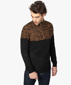 GEMO Pull homme bicolore avec col zippé marron vif