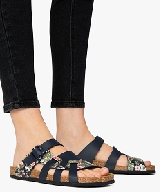 GEMO Sandales femme mules à larges brides unies et fleuries Bleu
