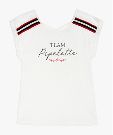 GEMO Tee-shirt fille avec inscription pailletée et épaules en dentelle blanc standard