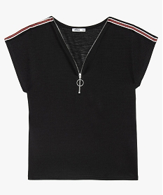 GEMO Tee-shirt fille avec col V zippé et bandes sur les épaules noir standard